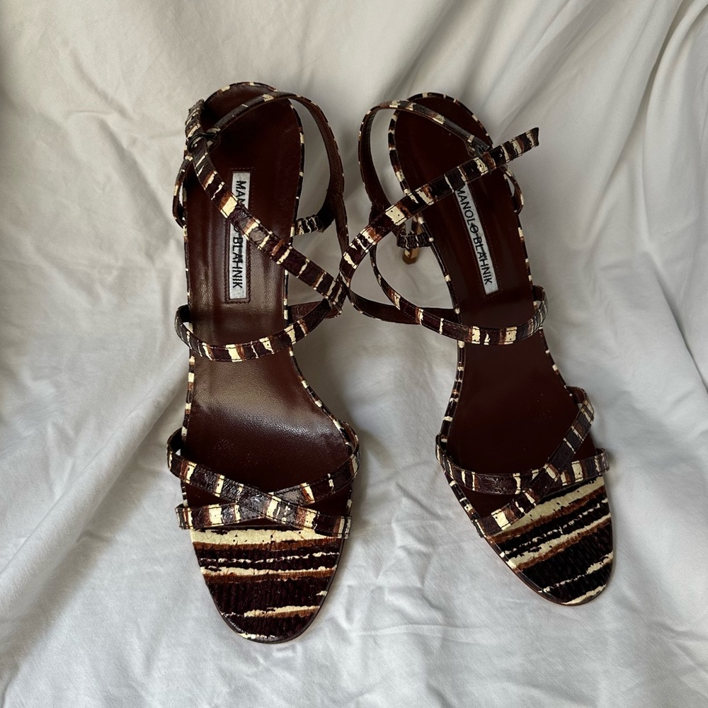 Manolo Blahnik Bayan Sandals Exotic Snake Brown Heels / Shoes (40.5)